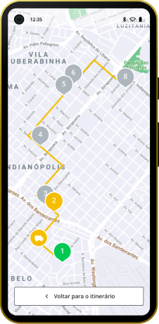 Tela do mapa com o roteiro da rota do aplicativo Vuxx